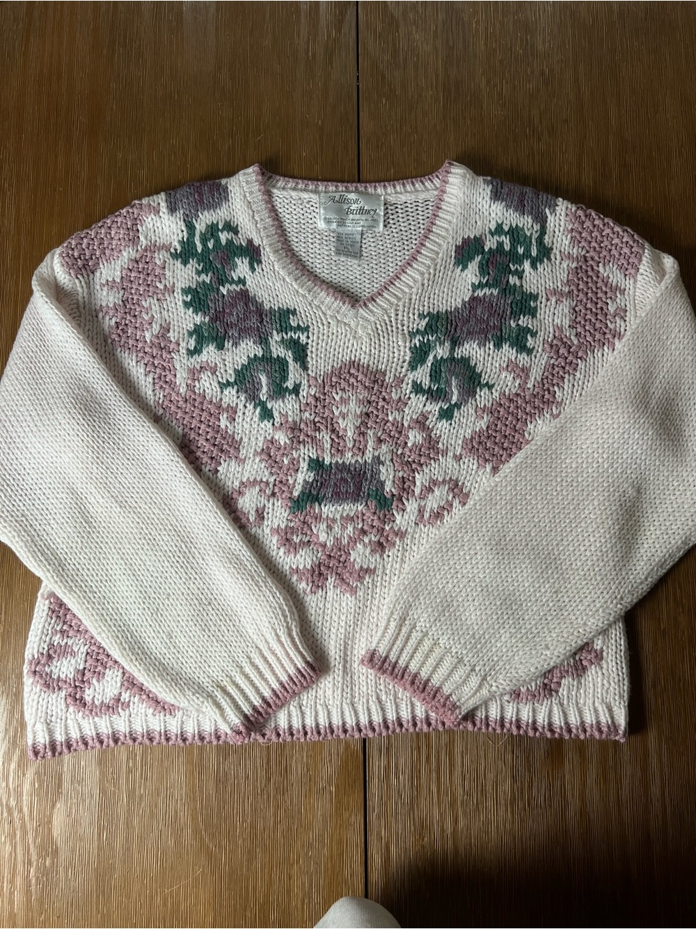 Allison Brittney Cream V-Neck Sweater with Pink & Green Floral Yoke